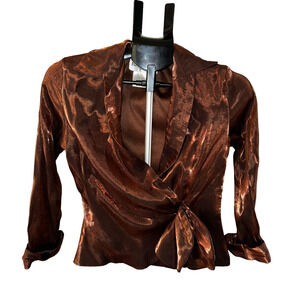 RONNI NICOLE BROWN METALLIC LONG SLEEVE V NECK TOP